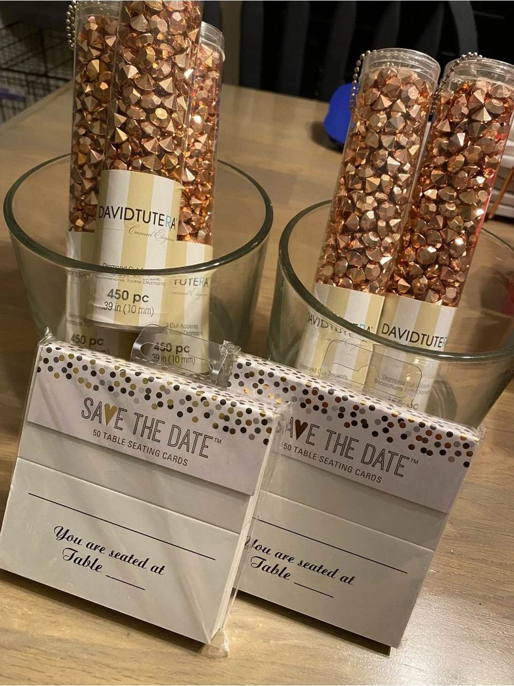 David Tutera Rose Gold Table Gems and Save The Date Seating Cards wedding decor